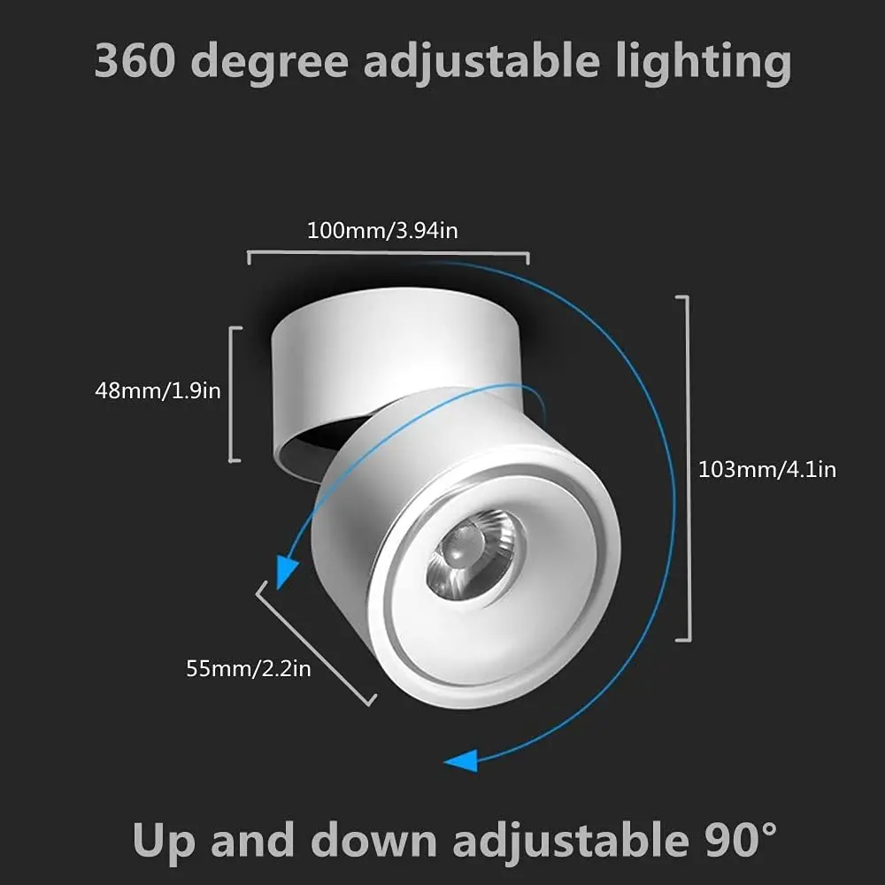 Faretto da soffitto a LED da 2 pezzi per interni 360 ° Lampada da parete da incasso COB da 10 W montata su superficie regolabile per display di sfondo fotografico