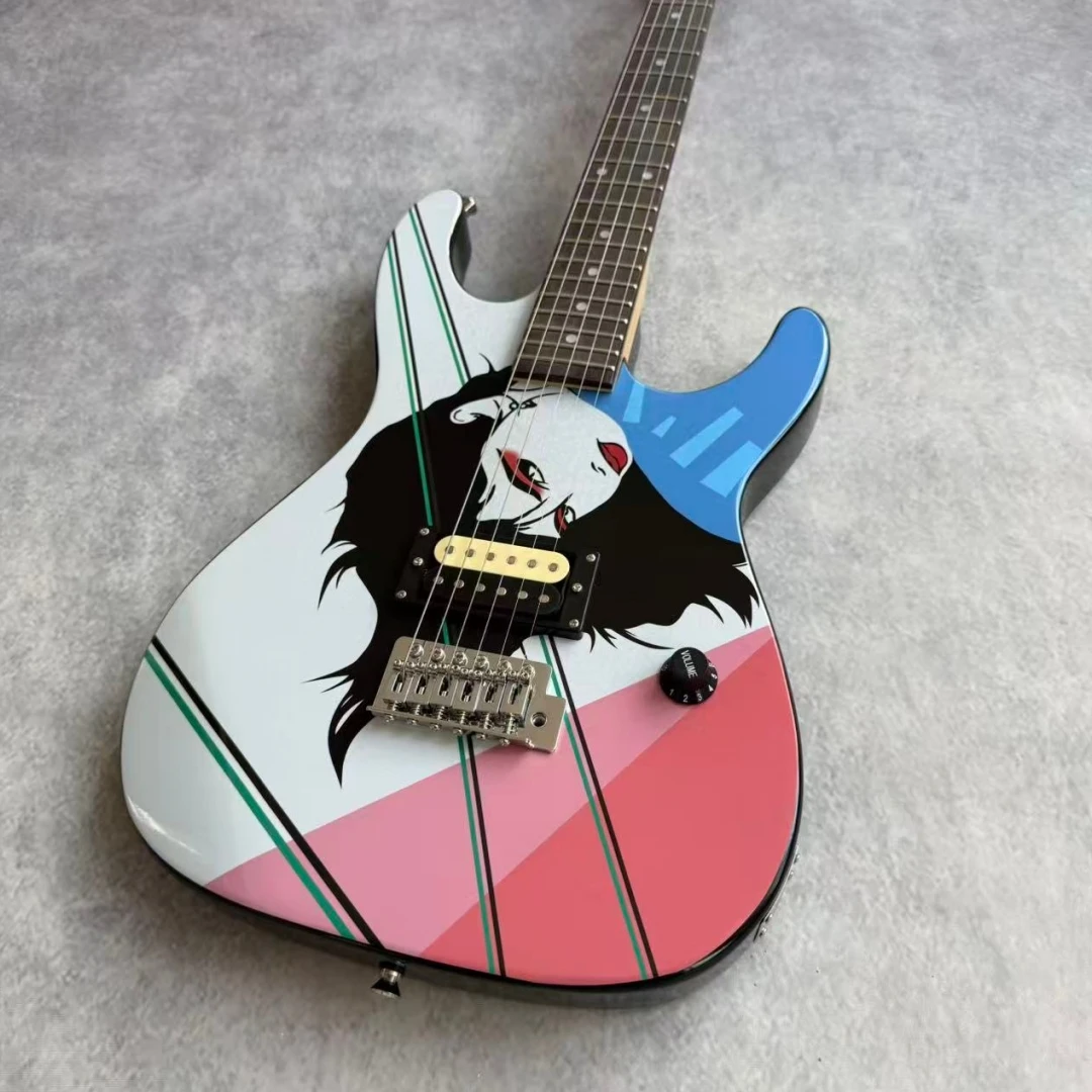 6 String Electric Guitar, Art Graphic Printed Body, Single Humbucker Pickup, Fixed Bridge Rock Electric Guitar