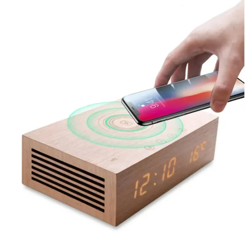 2024 Hands-free Function Wireless Charging Wooden BT Alarm Clock Speaker System