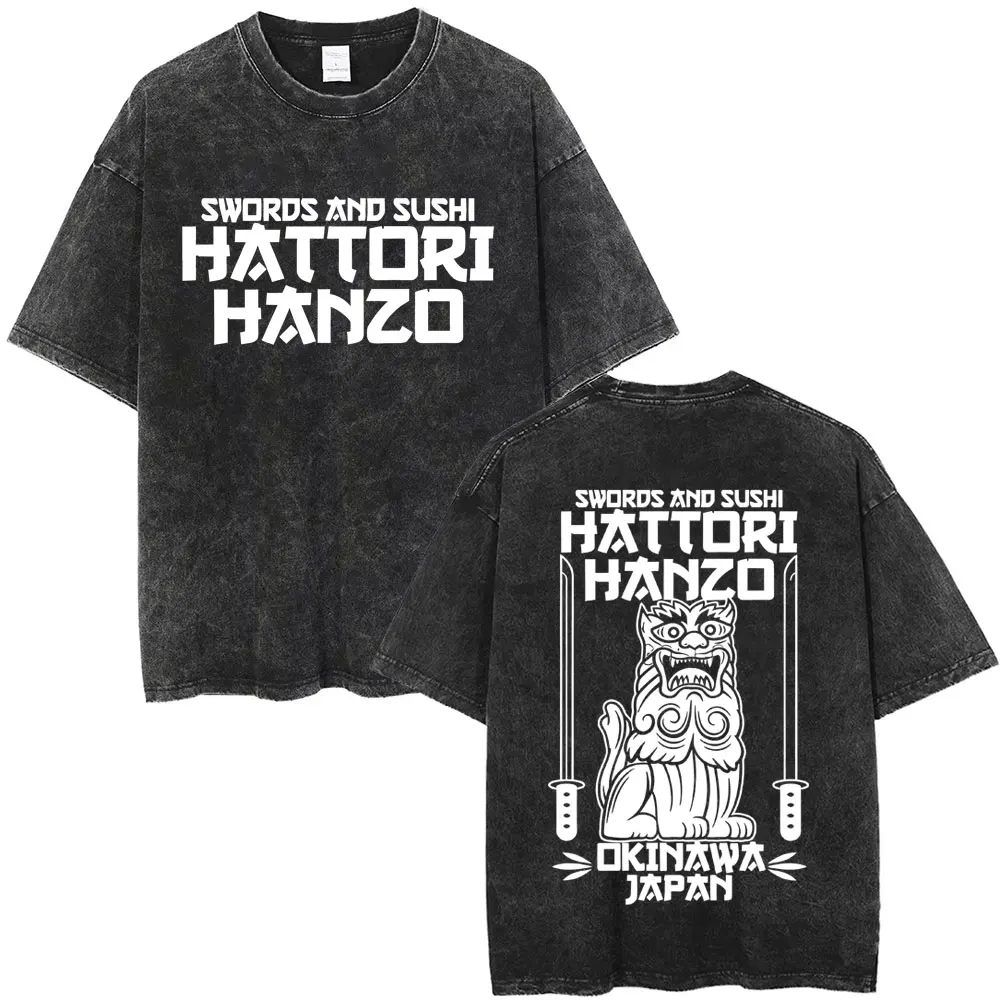 Hattori Hanzo RED Swords and Sushi Kill Bill Okinawa Japan Tarantino Vintage Washed T Shirts Men Women Casual Retro Streetwear