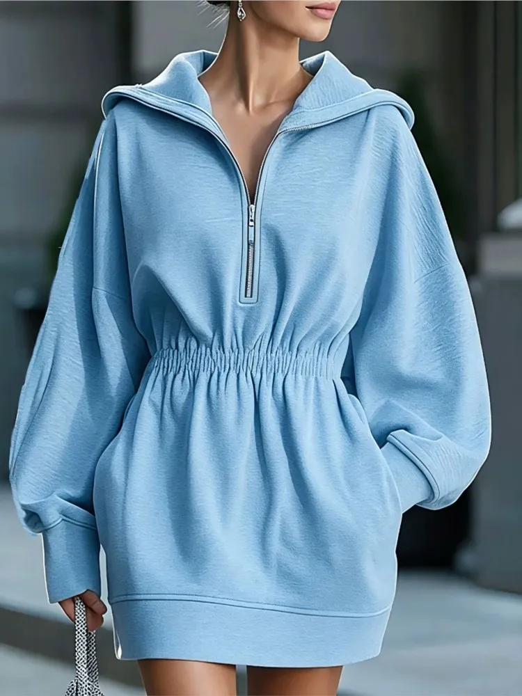 Women Hooded Half Zip Sweatshirt Dress Autumn Fashion New Solid Elastic Waist Long Sleeve Pocket Loose Casual Mini Hoodie Dress