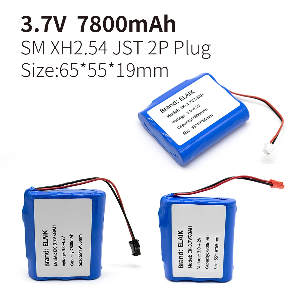 3.7V 7800mAh 18650 Li-ion battery with built-in battery protection board with PCB protection XH2.54 JST SM 2P Plug