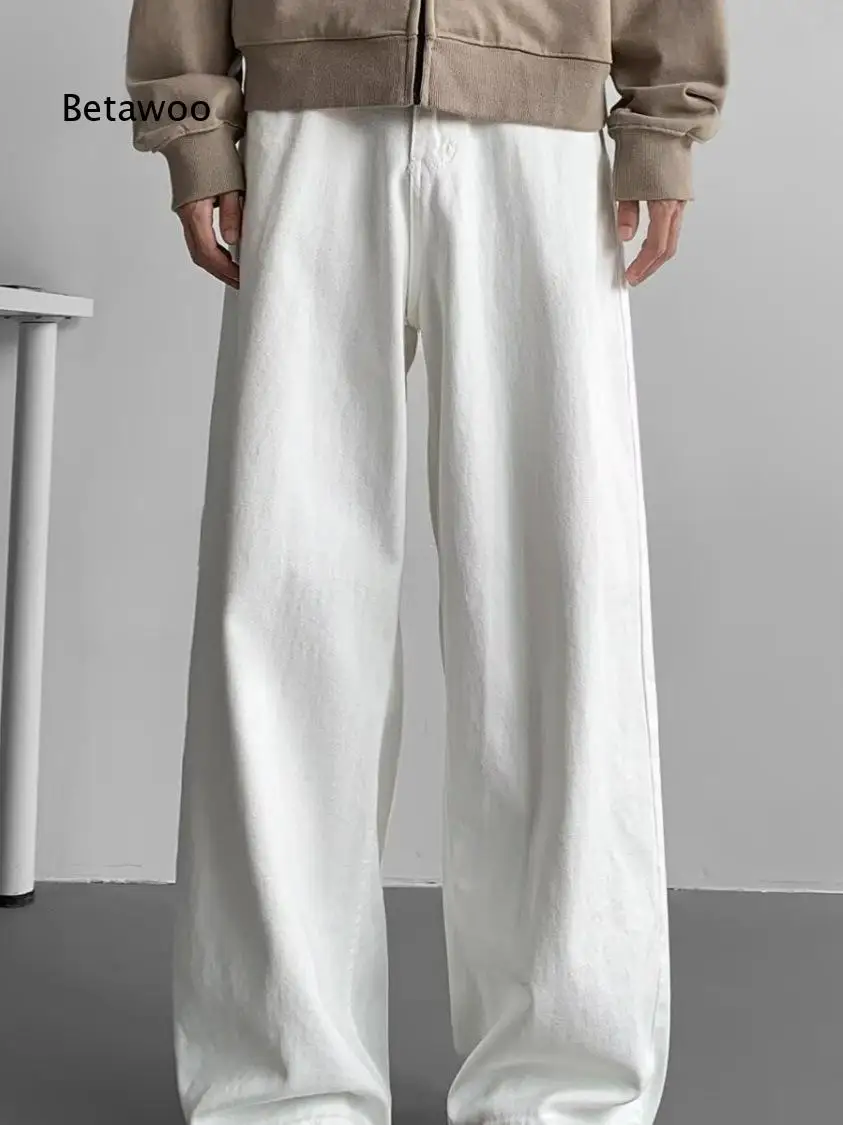 Loose Wide Leg Denim Trousers For Men Solid White Color Relaxed Fit Jeans Suitable For Matching Hoodies And Simple Tops