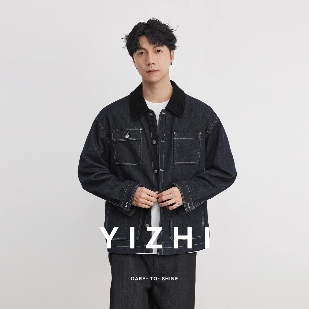 

Fashion Men's Denim Blue Denim Jacket Corduroy Lapel Spliced ​​Barn Style Jacket Men's 2026 Spring Retro Workwear Style