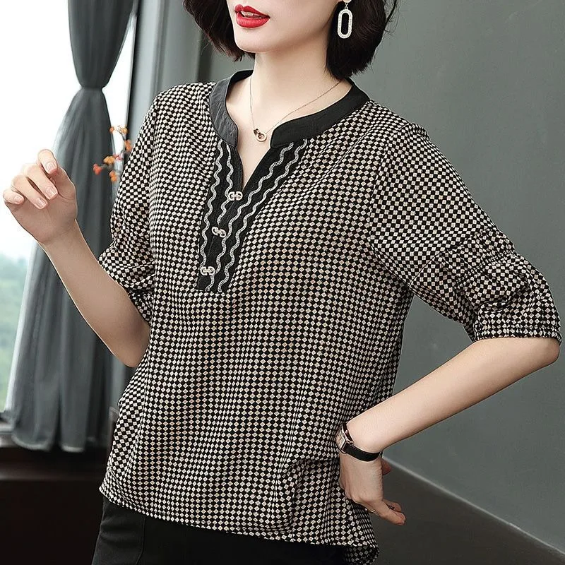 Mode Plaid frauen Lose kurzarm T-shirt frauen Chiffon V-ausschnitt Gedruckt Elegante Pullover Dünne Top
