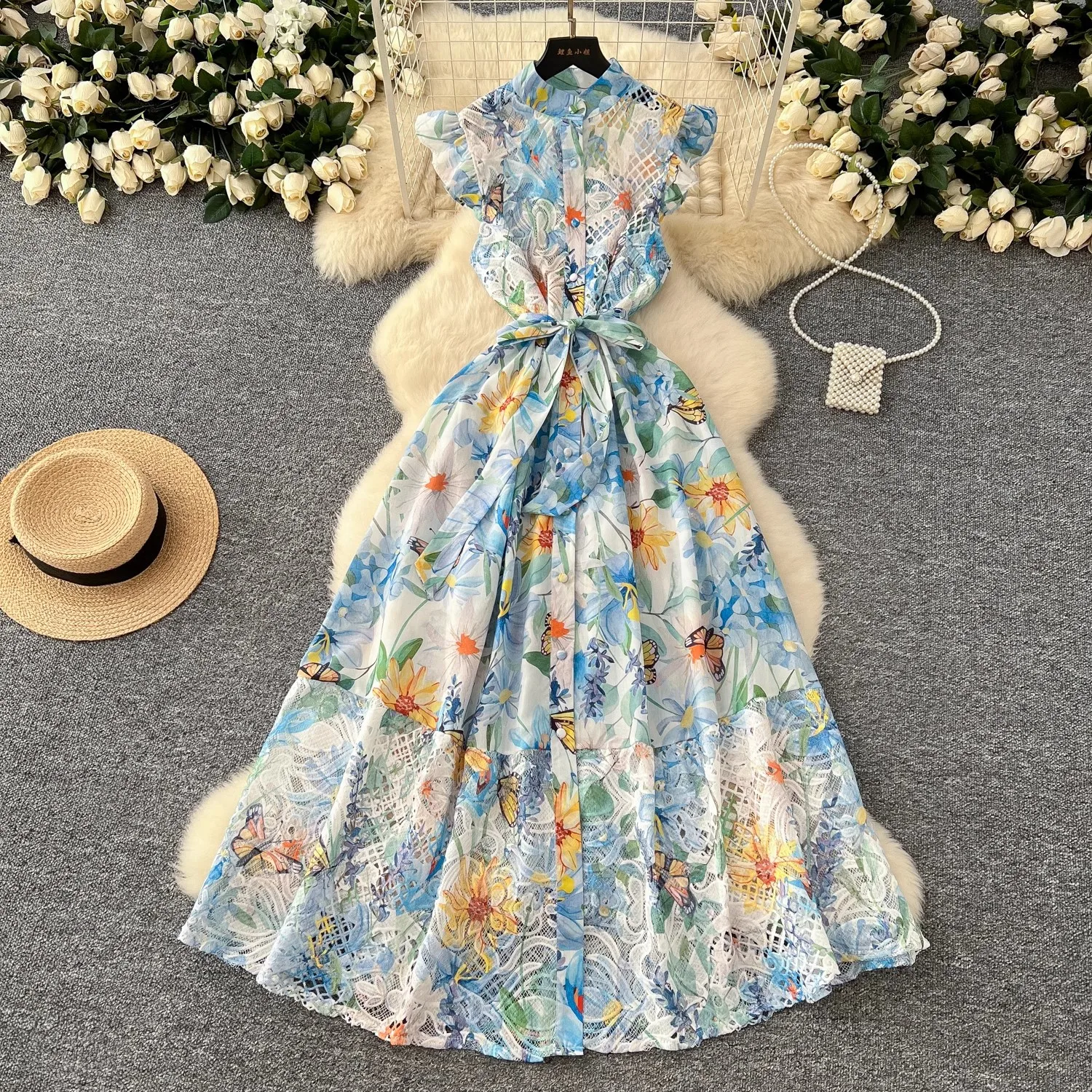 Summer Gorgeous Flower Embroidery Lace Spliced Wedding Dress Women Ruffles Sleeve Colorful Belt Long Robe Holiday Party Vestidos