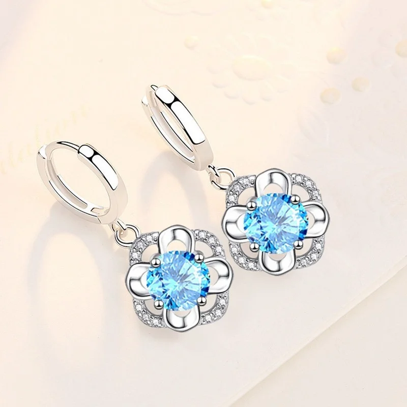 925 Sterling Silver New Woman Fashion Jewelry High Quality Blue Crystal Zircon Flower Earrings Hot Selling Earrings