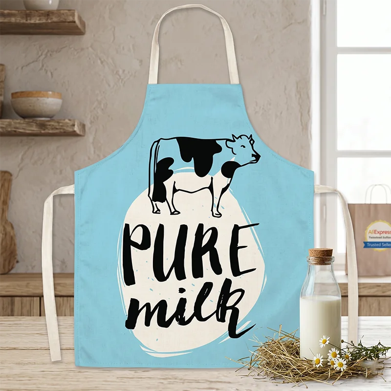 

Cute Cow Pure Milk Printed Cotton Linen Apron for Women Adult Kitchen Cooking Baking Bib Sleeveless Pinafore Cafe Workwear Home
