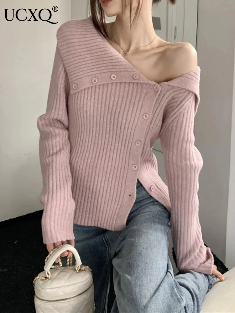 

UCXQ Fashion Casual Knitwear European Style Irregular Cardigan Strapless All Match Elegant Sweater Women 2024 Spring Autumn 4636