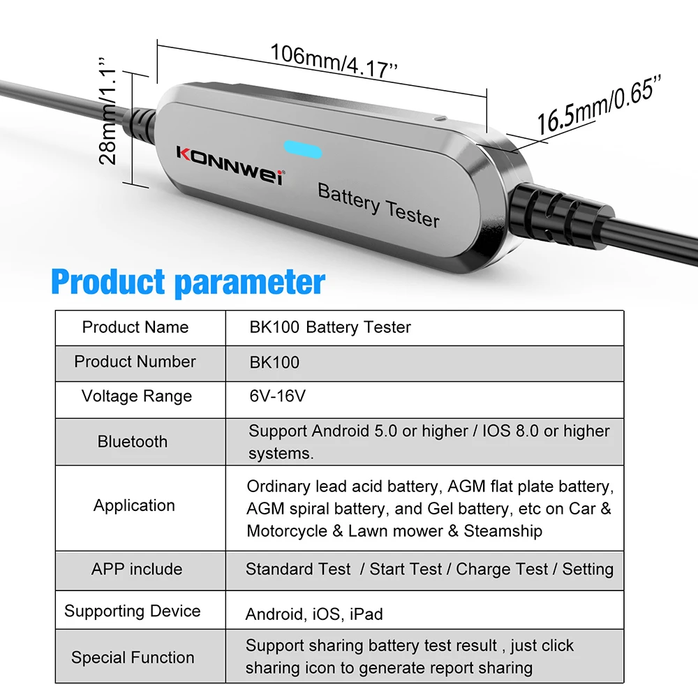 KONNWEI BK100 Bluetooth 5.0 Car Motorcycle Battery Tester 6V 12V Battery Monitor BT 5 2000 CCA Charging Cranking Analyzer Tools