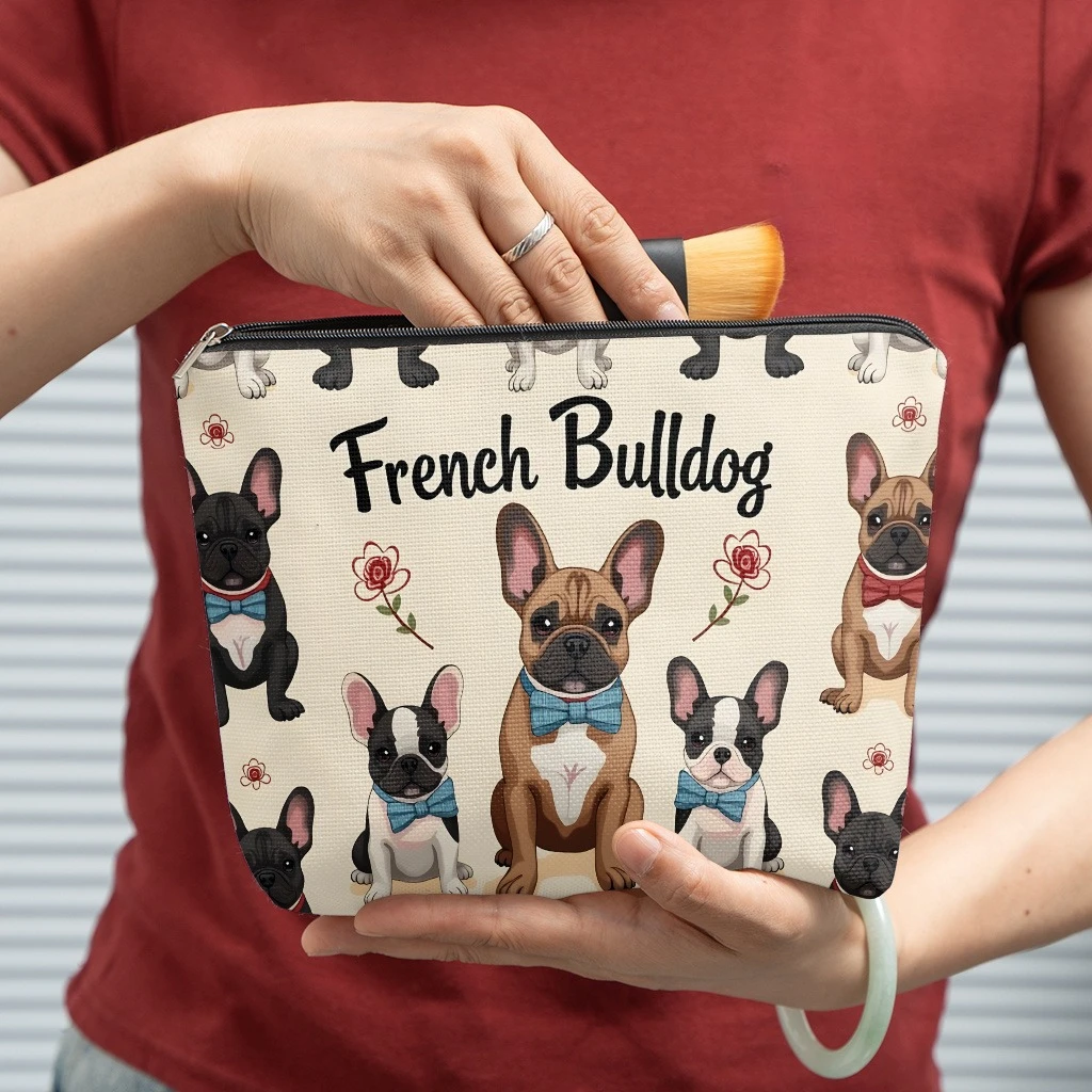 French Bulldog Dog Floral Bow Print Cosmetic Bag Zipper Makeup Pouch Portable Travel Toiletry Storage Bag Dog Lover Gift Women