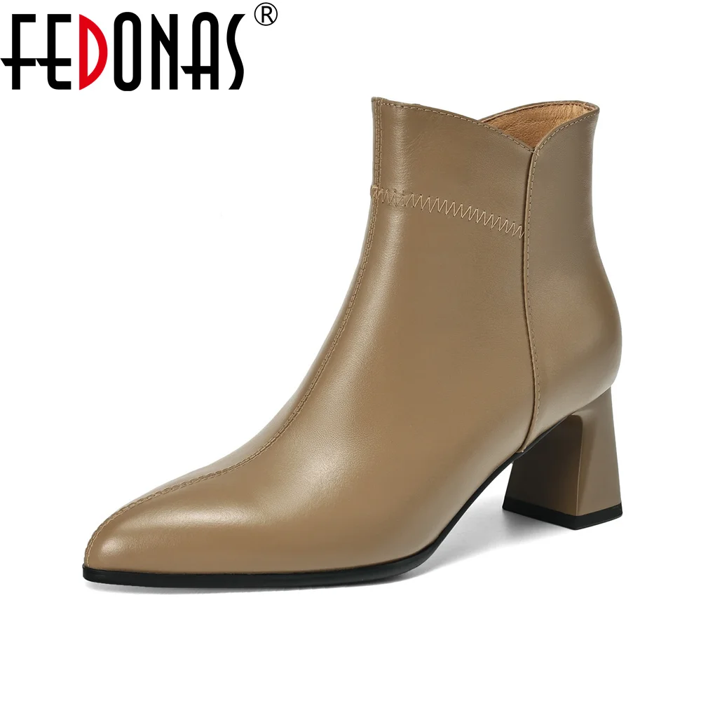 FEDONAS Genuine Leather High Heels for Autumn and Winter Women\'s Ankle Boots Pointed Toe High Heel Zipper Dresses Office Boots