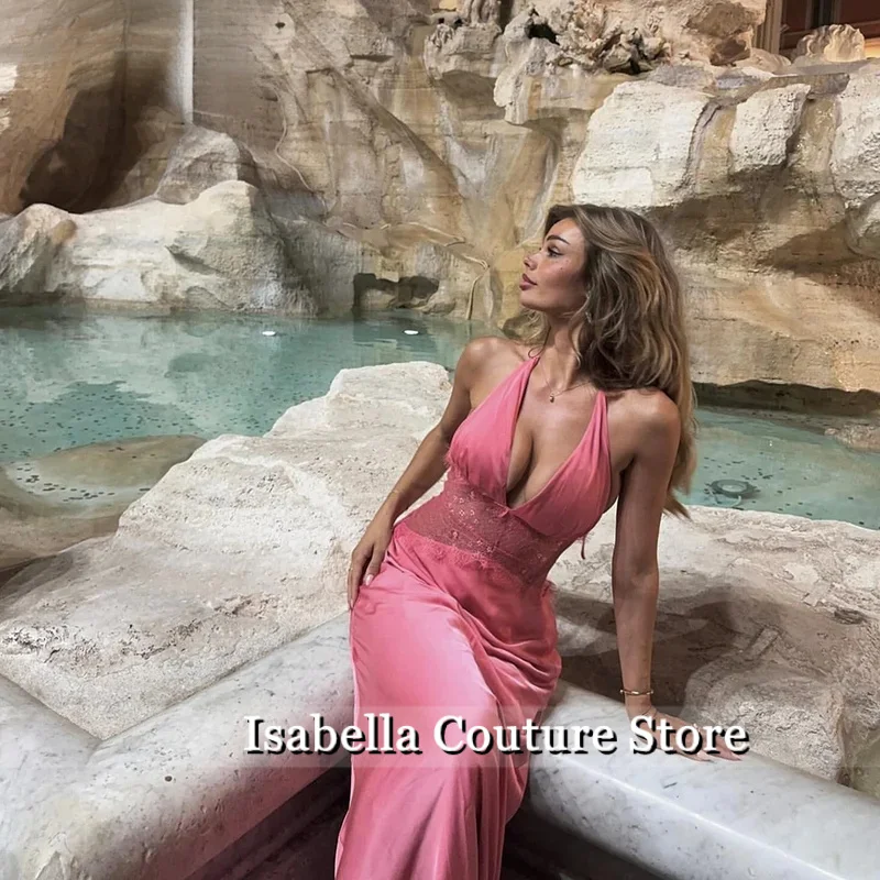 Różowa Satynowa Sukienka Wieczorowa typu Halter Syrenka Seksowna Bez Pleców Sukienka na Formalne Okazje Damska Nowoczesna Sukienka na Bal Studniówkowy z Możliwością Personalizacji
