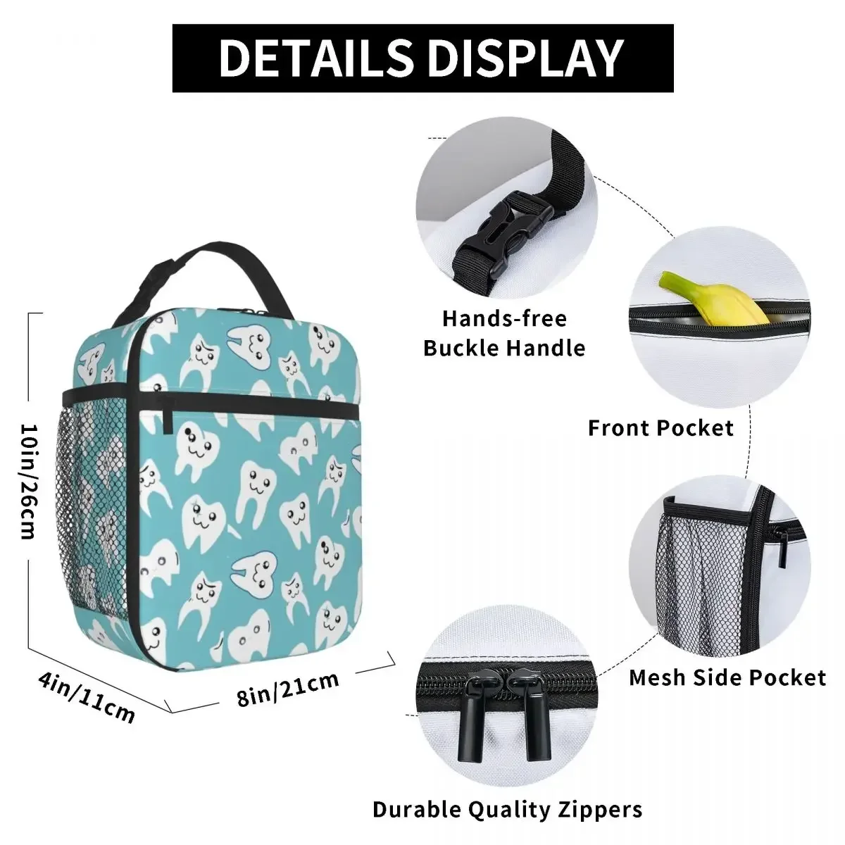 Funny Dental White Tooth Pattern Insulated Lunch Bags Dentist Teeth Portable Thermal Cooler Food Lunch Box Kids School Children view 5