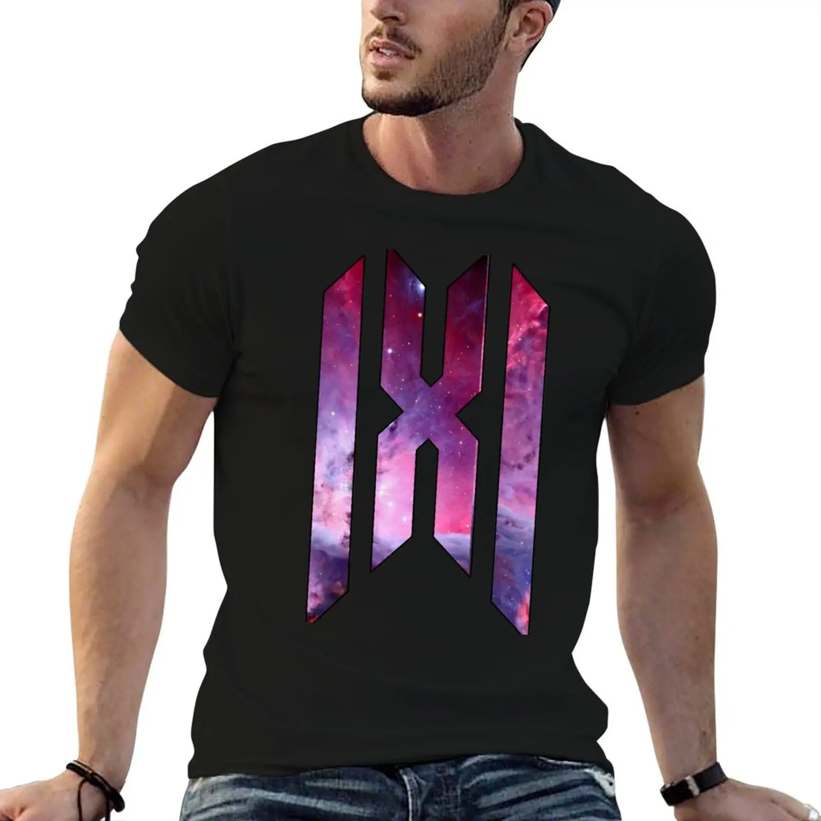 Camiseta con logotipo de Monsta X (Purple-Red Galaxy), camiseta para hombre, camiseta 100% de algodón, camiseta gráfica pack man, camiseta