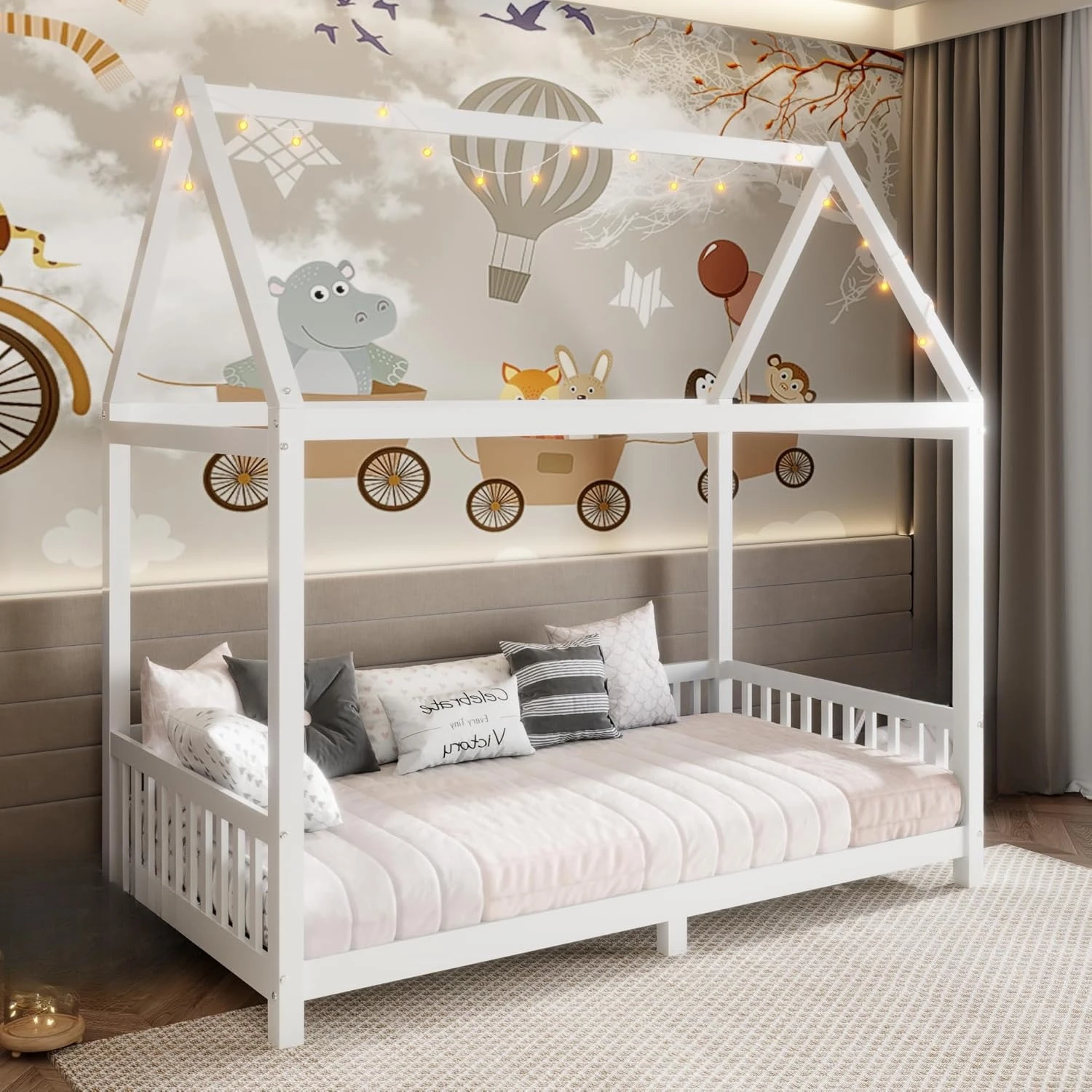 

Деревянная кровать-домик размера Twin с бортиками, кровать-домик Монтессори размера Twin с LED-подсветкой для детей, развлечений, на заказ