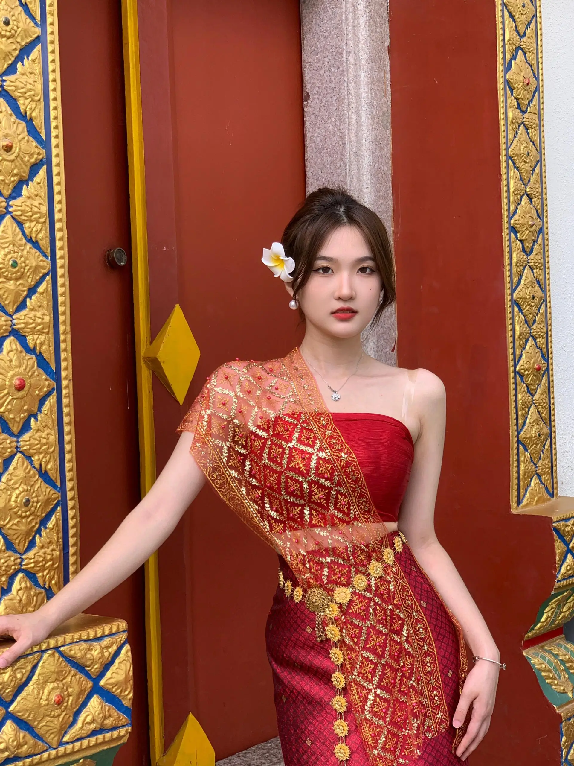 Red Golden Traditional Dai Ethnic Women's Summer Outfit Travel Photoaphy Set Foot Bath Workwear Sle Faionable Tang Suit