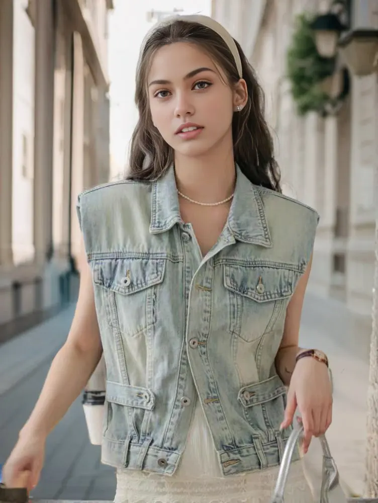 

American Retro Jeans Sleeveless Jackets For Woman 2024 Summer Vintage Streetwear Denim Vest Female Cotton Waistcoat
