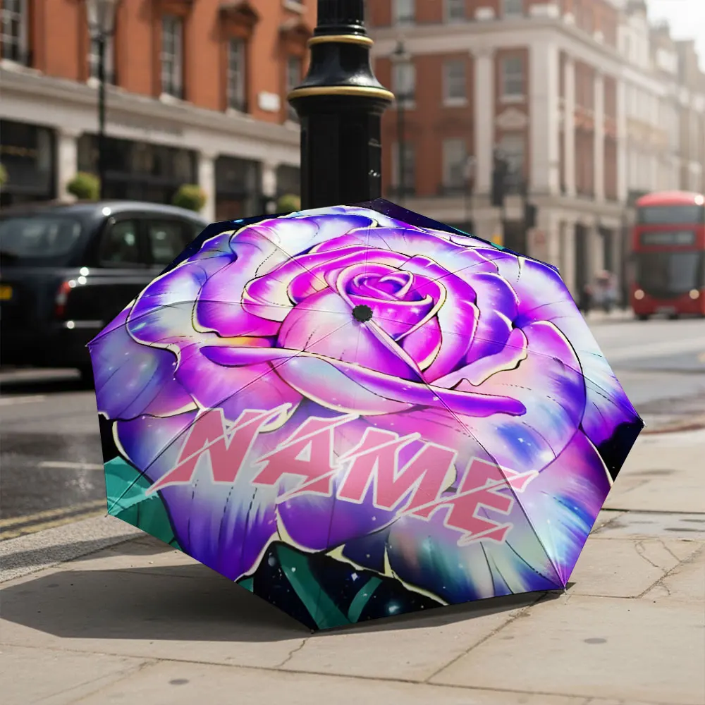 Custom Name umbrella, Vivid Galaxy Rose Design Umbrella with Bold Text Fashion Folding Umbrella for Daily Use, Christmas Gift
