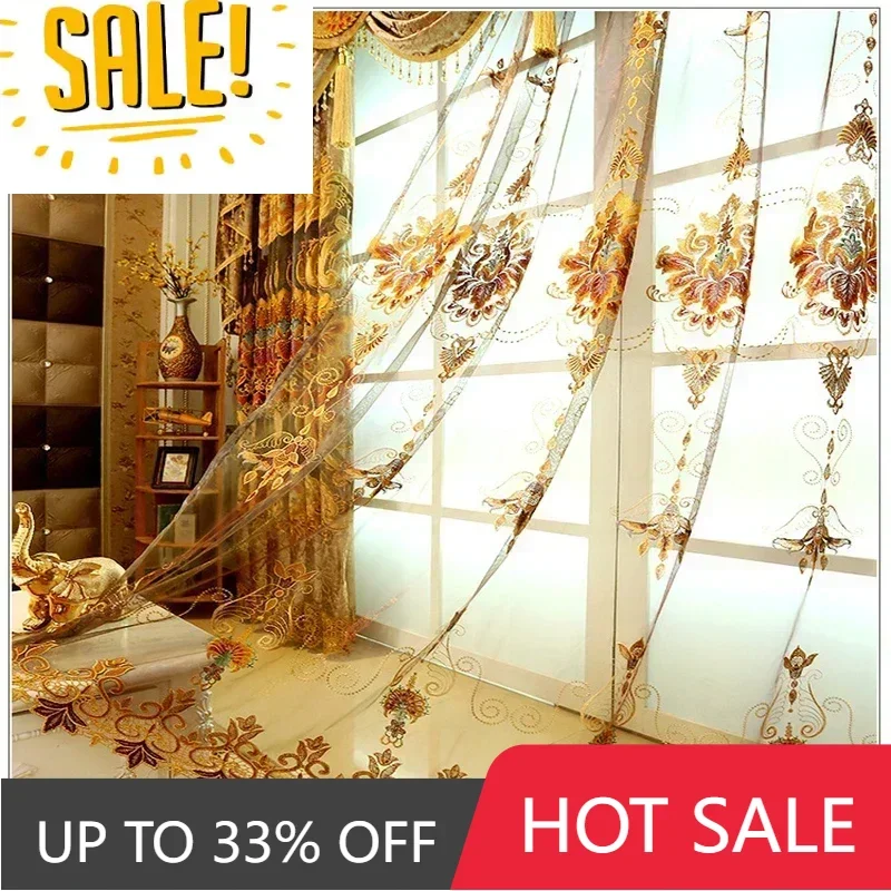 

Custom Size Embroidery Curtains for Living Room Tulle Valance Bedroom Set Drapes Golden Hall Blackout Sheer Decor Elegant Floral