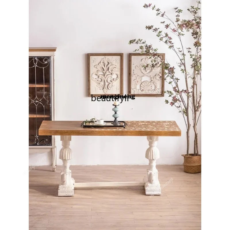 American retro tea table simple carved living room dining table relatively large coffee table homestay hall solid wood