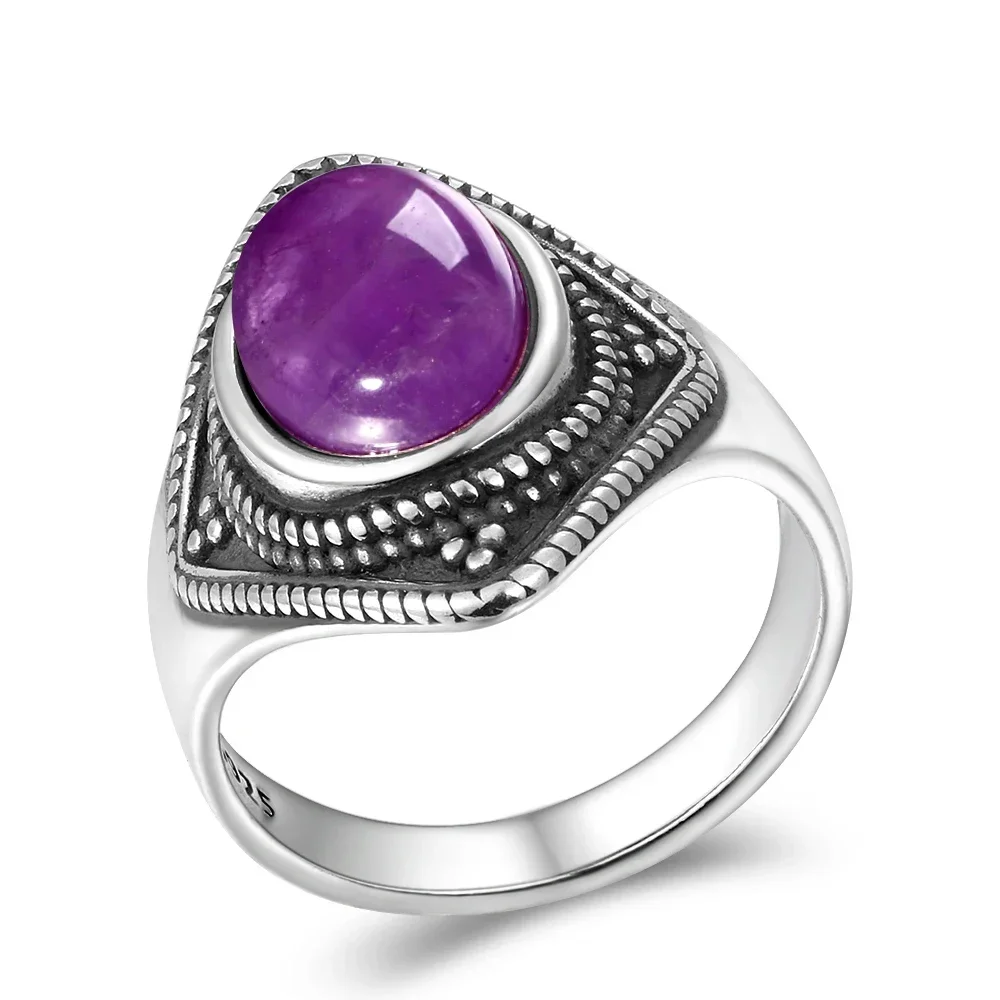 Vintage 8x10MM Natural Oval Amethyst Rings 925 Silver Fine Jewelry for Women Anniversary Party Birthday Gift - Image 6