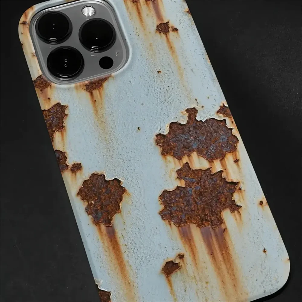 Coque de téléphone en métal rouillé, effets 3D créatifs INS, pour iPhone 16 15 14 13 12 11 Pro Max X XS XR XSMax 7 8 Plus, Film brillant, PC dur