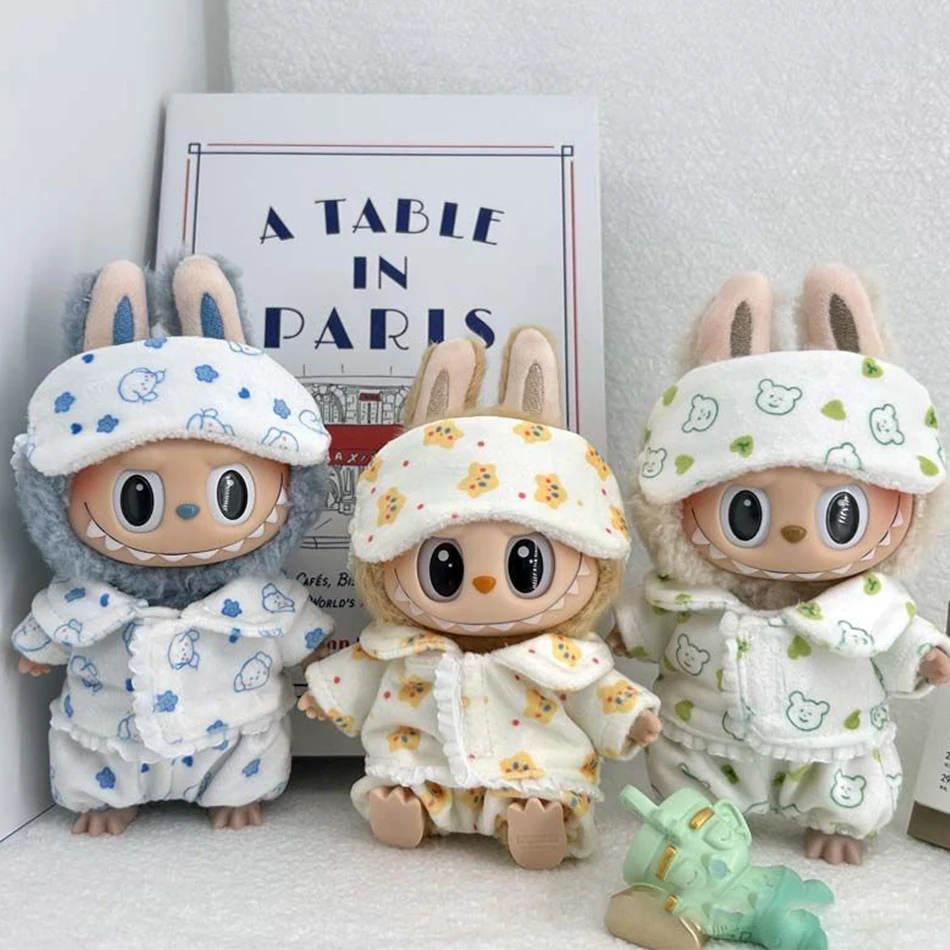 Labubu Mini Pajamas With Eye Mask Three-piece Kawaii 15-17cm V1 V2 Labubu Clothes Cute Idol Plush Doll Accessories Kids Gifts
