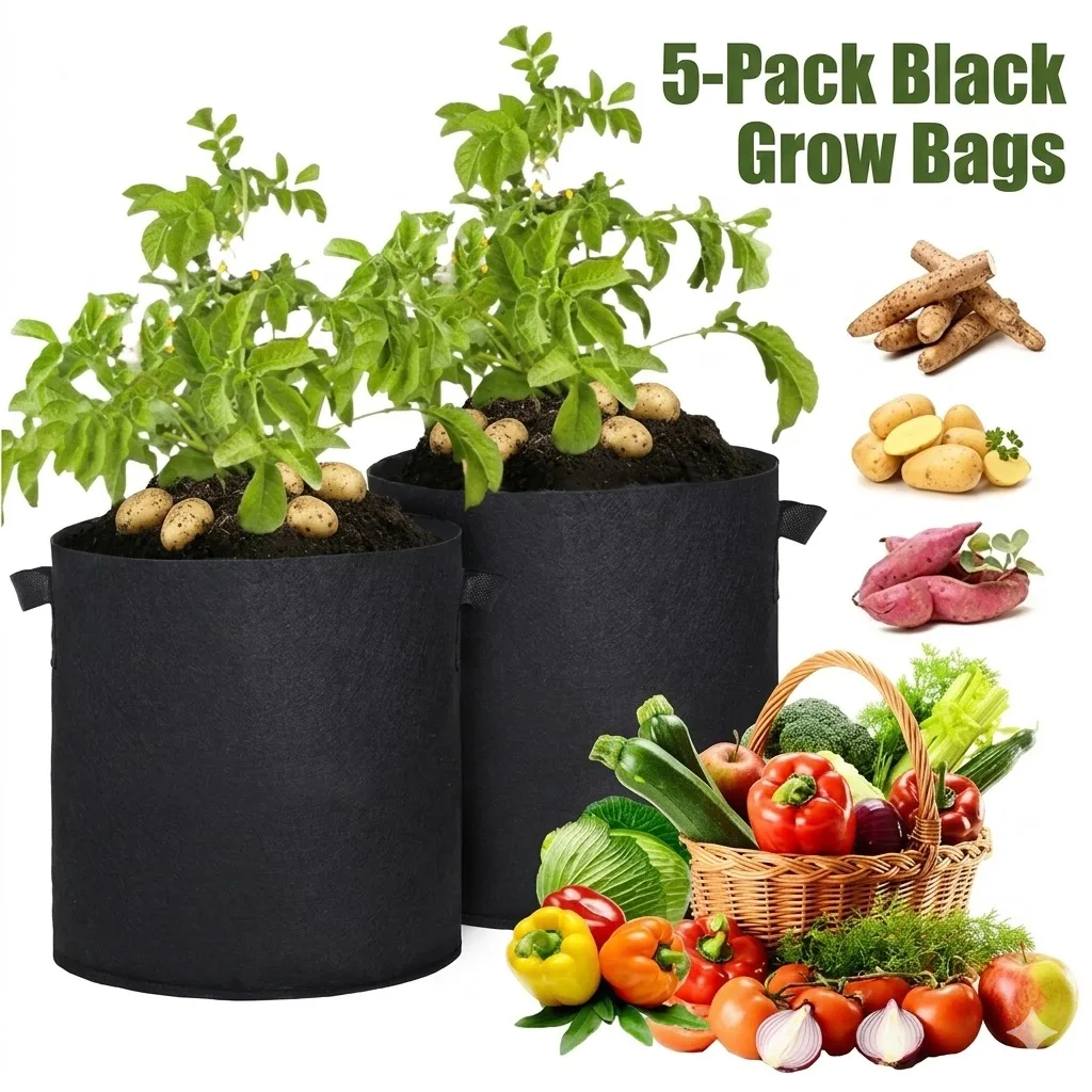 Grow Bags 1/5-Pack, Multiple Sizes 3/5/7/10/15/20 Gallon, Heavy Duty Fabric Plant Pots with Handles for Vegetable Potato Tomato