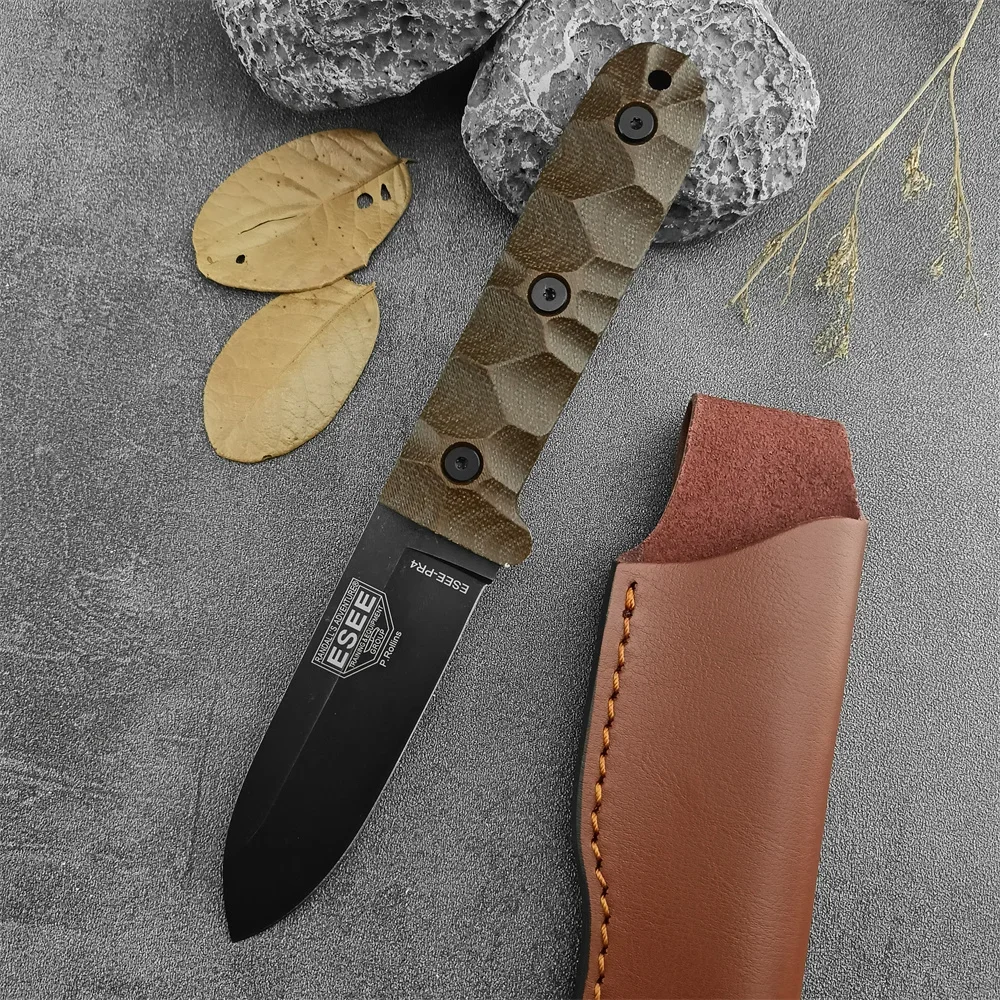 Hot ESEE PR4 Fixed Blade Survival Knife Outdoor Camping Tactical Straight Knife D2 Blade Linen Handle Gift Cowhide Sheath