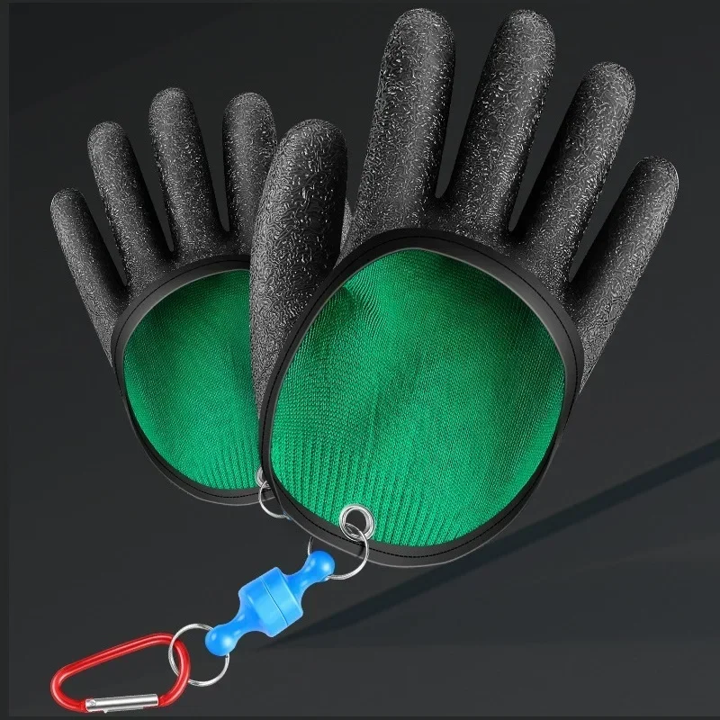 Magnetic buckle thickened anti slip fish catching latex gloves, Anti puncture waterproof marine fishing gloves