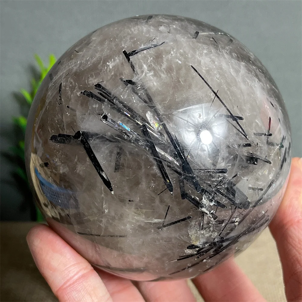 Crystal Natural Black Tourmaline Hair Ball  Quartz Point Sphere Feng Shui Ornaments Minerals Home Decoration Room+Stand