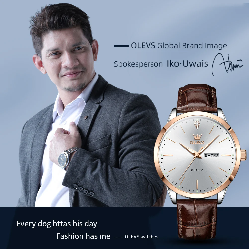 OLEVS 2935メンズ腕時計、オリジナルファッションクォーツ時計、防水レザーストラップ、カレンダー、デイリー自動日付、メンズギフト