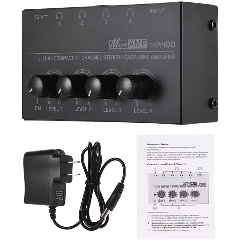 HA400 Amplificador de áudio estéreo ultra-compacto com adaptador de energia, 4 canais Headset, Amp fone de ouvido para música, 10MHz, UE