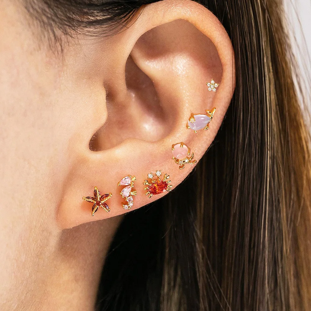 2PCS Mini Ocean Series Animal Small Stud Earrings for Women Multicolor Zircon Marine Lobster Crab Ear Studs Piercing Jewelry