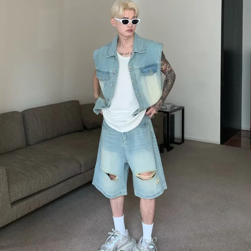 Cowboy Vest Shorts 2-piece Set Mens Retro Trend Sleeveless Denim Jacket+Hole Straight Leg Jeans Sets Summer Street Couples Suits