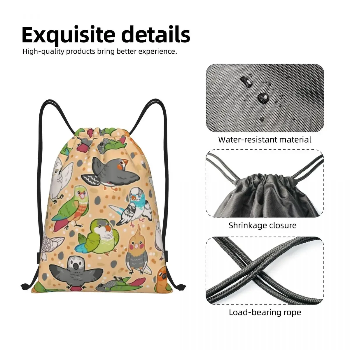 Mochila de cordão personalizada para homens e mulheres, sackpack esportivo, sacos leves, calopsita, budgie, papagaio, ginásio, treinamento, pet birds