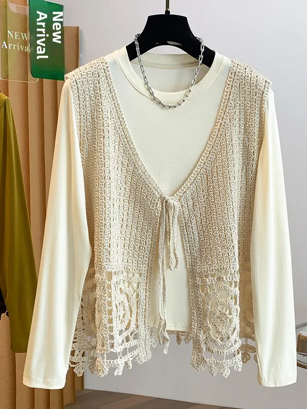 Women's Long Sleeve T-Shirt Hollow out Knitted Vest Two-Piece Set Casual Style Fashionable Hollow Hook Patterned Top