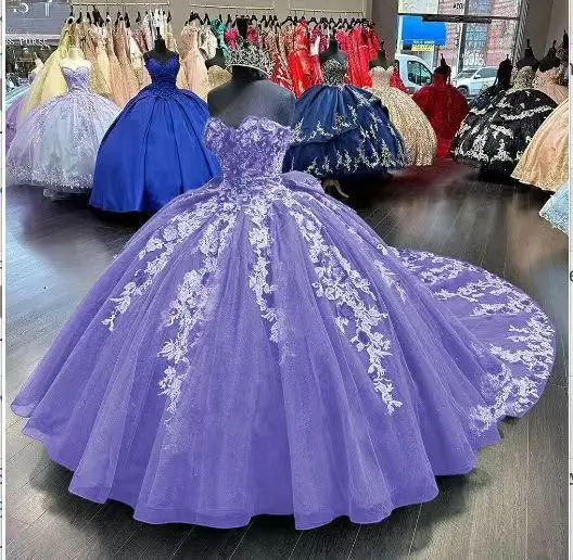 

Ball Gown Lace Appliques Prom Dress 2024 Off the Shoulder Party Gown for Women Tulle Lace robes Quinceanera Dresses with Train