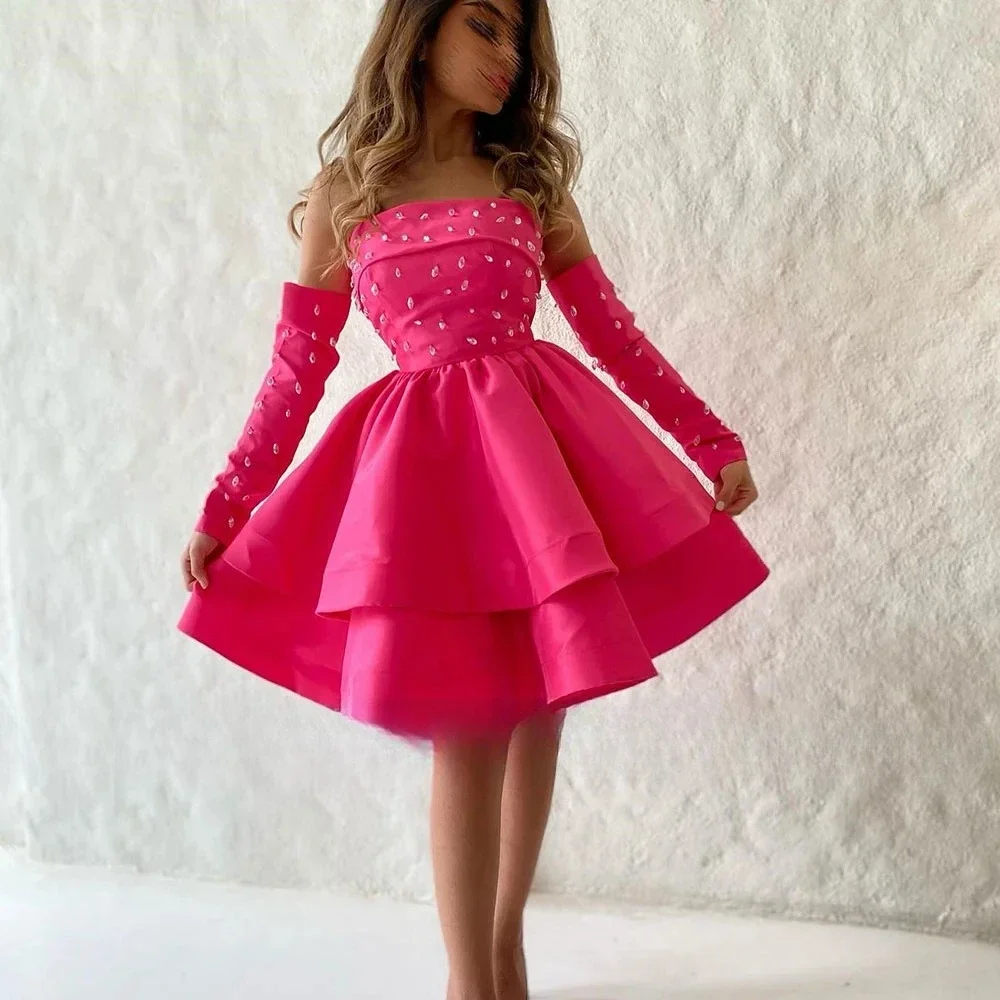 

Hot Pink Short Prom Dress Detachable Sleeves Strapless Beads Crystal Satin Homecoming Birthday Formal Party Gowns Pageant