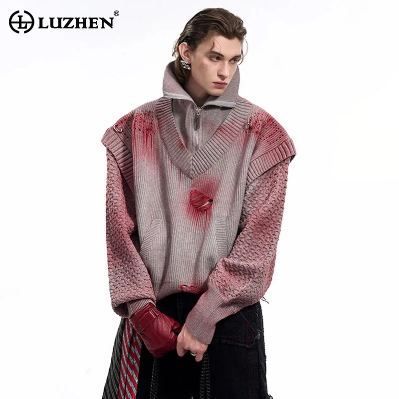 LUZHEN Personalized Tie-dyed Printed Design Retro High Street Knitted Fake Two Piece Men 2024 Winter Long Sleeve Sweater LZ8344