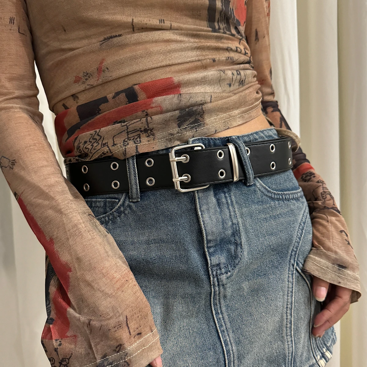 Women\'s Belt  Large size Double Hole Men Belt Punk Hip Hop Rock Style Subculture Y2K Belt Punch Free Belt for Men and Women