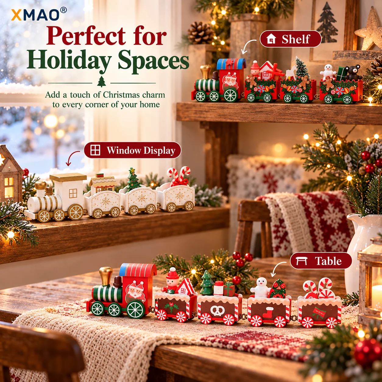 Christmas Mini Wooden Train Ornament Linked 4-Car Tabletop Decoration for Home Mantel Window Shelf Holiday Gift Decor Set
