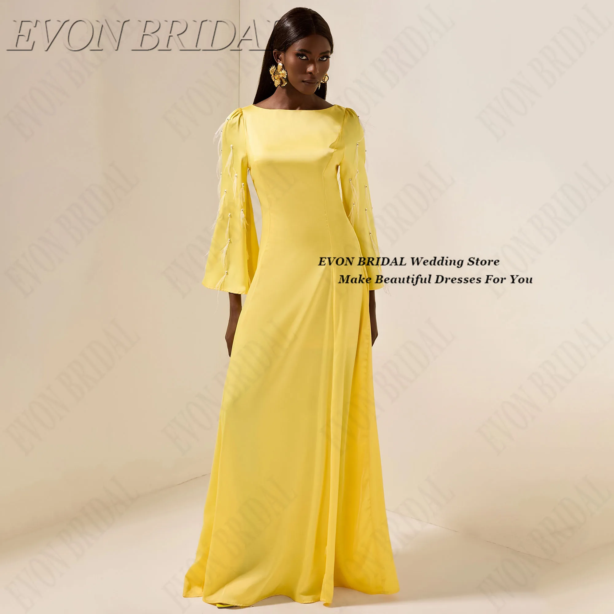 

Beading Feather Wedding Party Dress Yellow Long Sleeve Evening Dresses Floor-Length Occasion Wedding Guest Dress EVON BRIDAL