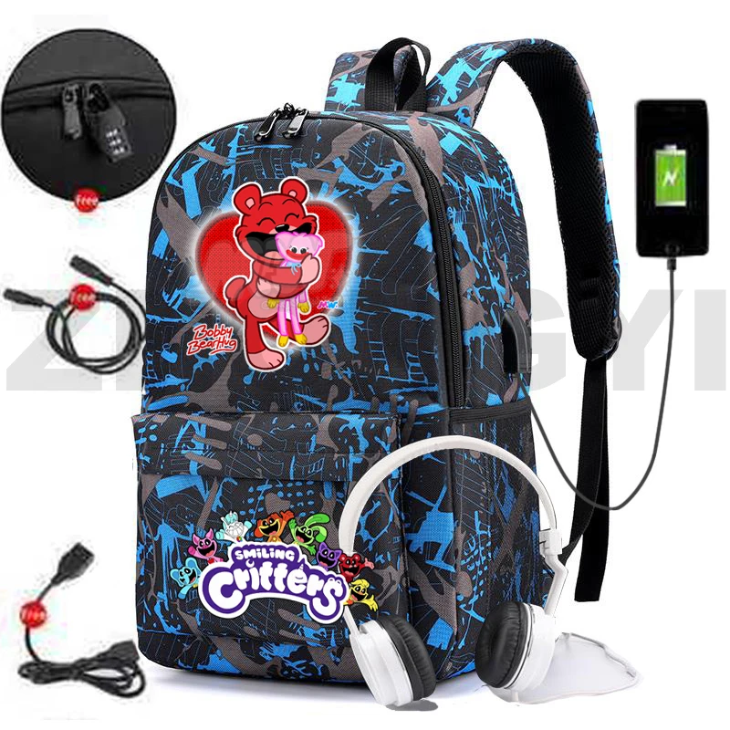 

Anime Harajuku Smiling Critters USB Charging Backpack Boys Girls Kawaii Cartoon Printing School Bags Large Anti-theft Travel Bag