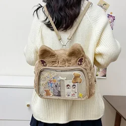 Xiuya Plush Cat Womens Backpack Y2k Fluffy Cute Casual Transparent Ita Bag Fashion Kawaii Japanese Style Lolita Jk Shoulder Bag