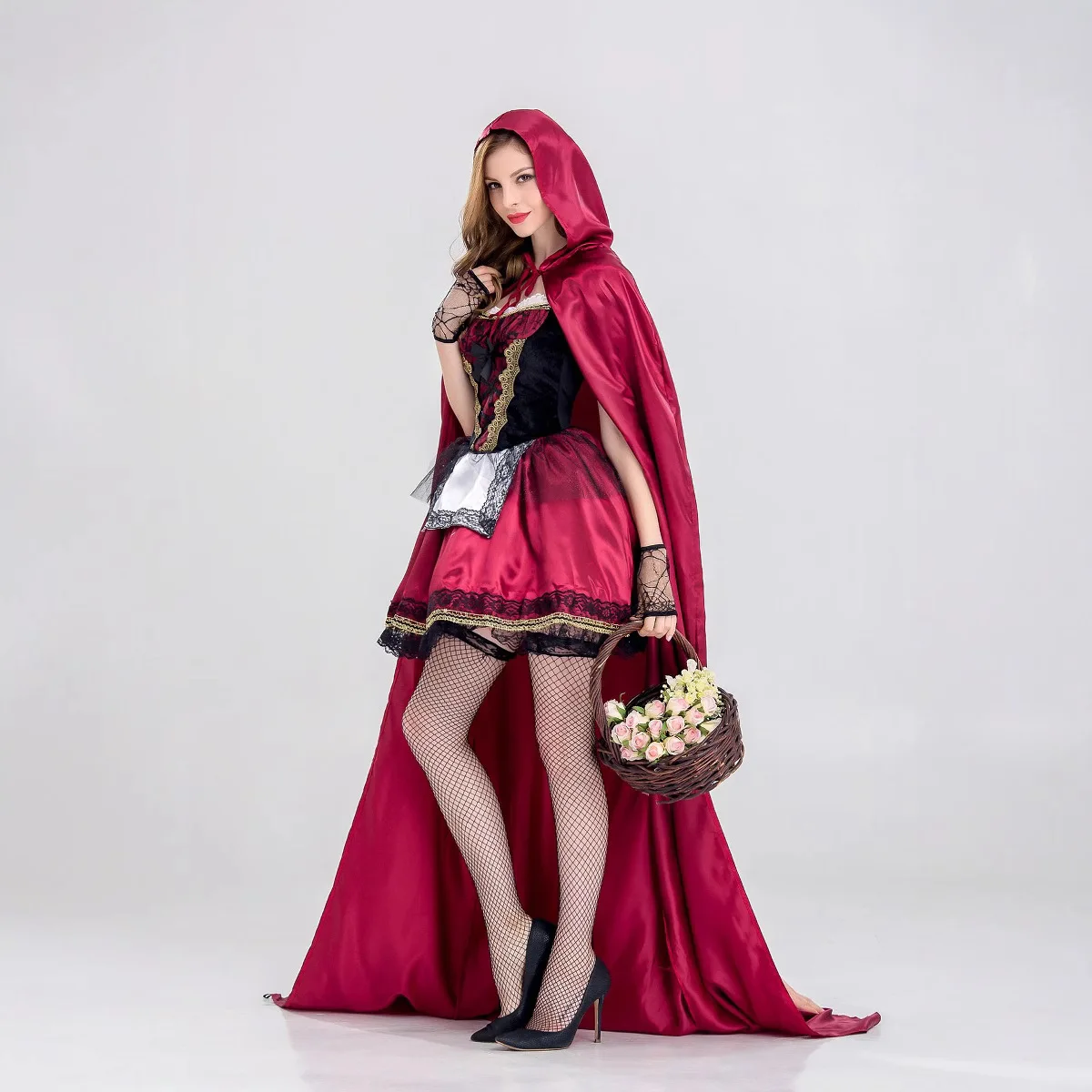Halloween Little Red Riding Hood Costume Carnival Role Playing Costume Deluxe Set Little Red Riding Hood Cosplay with Long Cloak