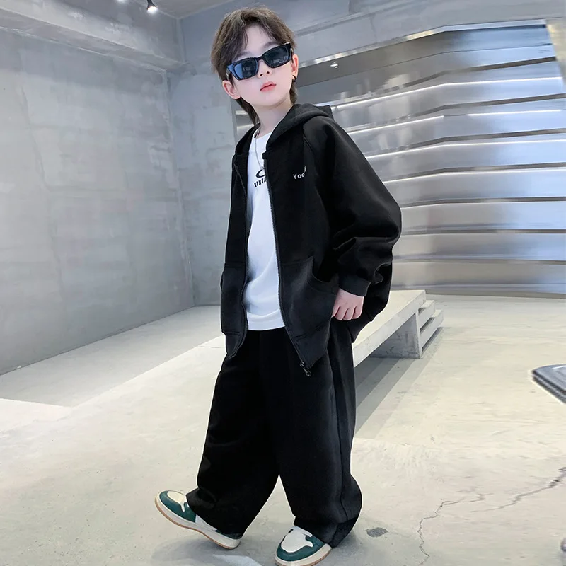 Spring Junior Boy 2PCS Clothes Tracksuit Set Pocket Zipper Hoodie Relaxed Fit Sweatpant Outfit 4-12Y Boy Street Sporty Wear Suit