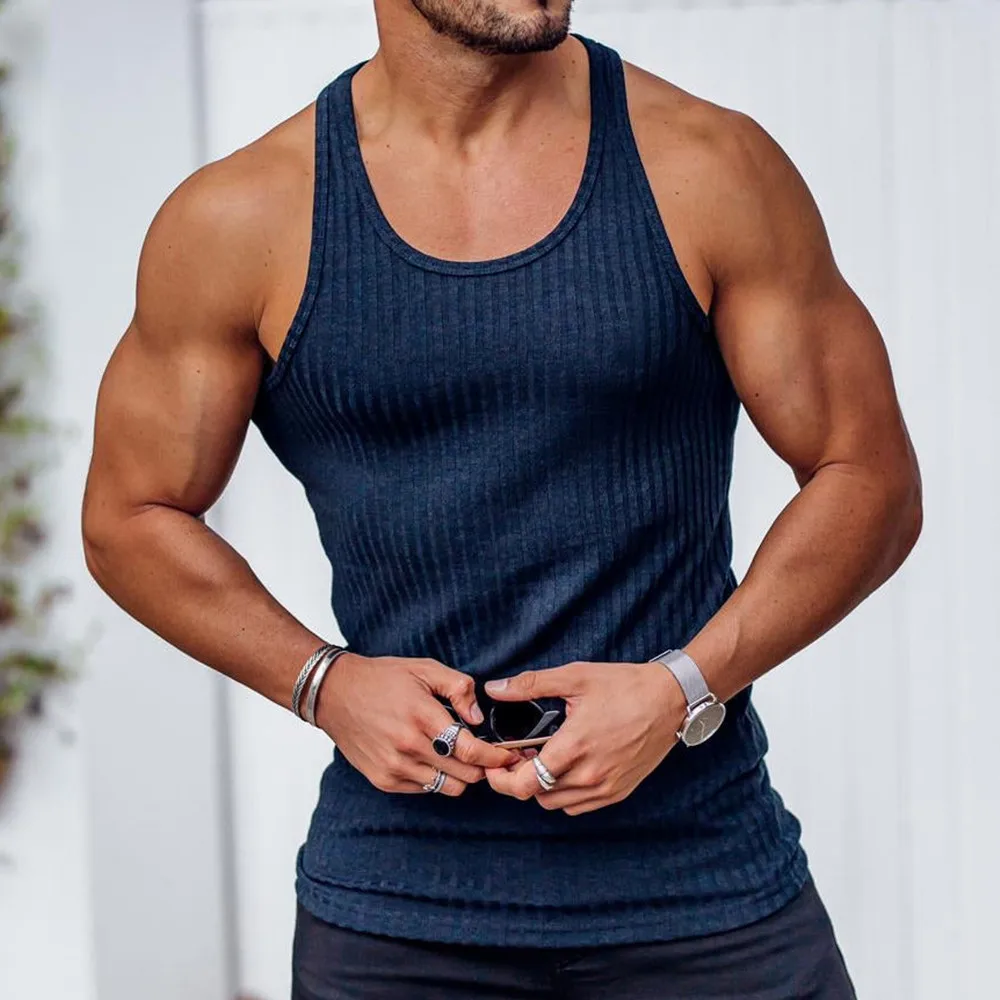 

Summer Knitted Vertical Stripe Fitness Fit Tank Top Men's I-shaped Tank Top