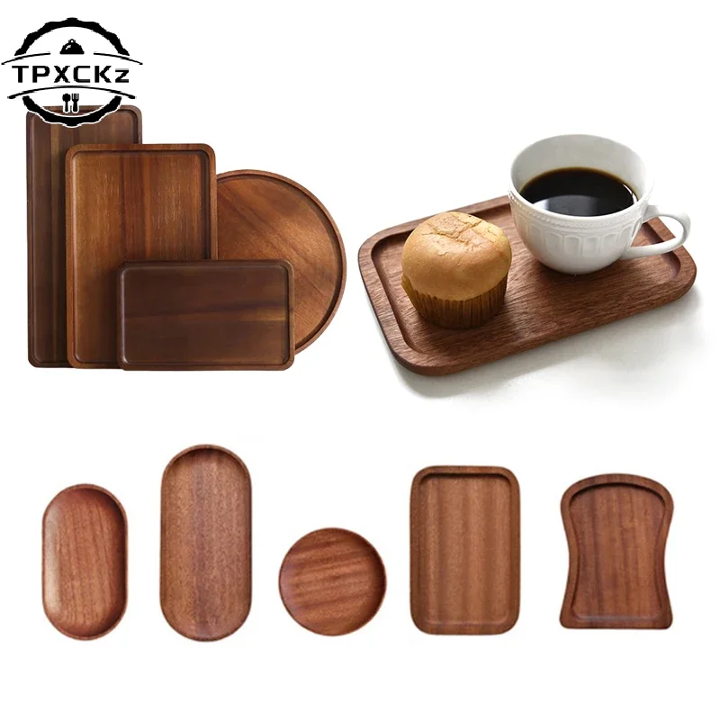 1pc Tableware Solid Wood Food Tray Round Rectangle Dessert Plate Japanese-style Wooden Snack Fruit Tea Saucer Pallet Bread Board